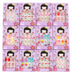 12-piece kids press-on nail set with glue and adhesive tabs featuring colourful cartoon, floral and patterned artificial nails available at Totoland Toys Kenya