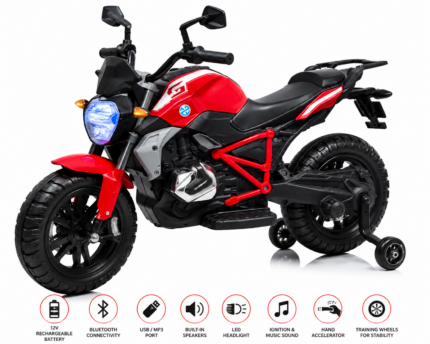 Red 12V kids electric sports motorcycle with LED headlight and training wheels