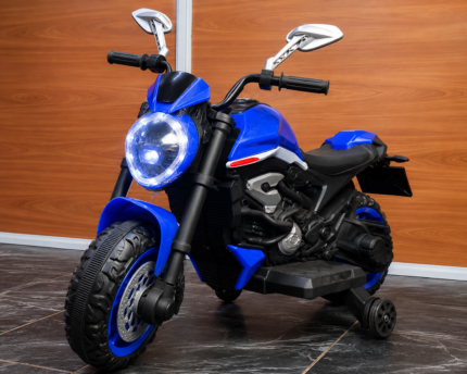 Blue 12V medium kids electric sports motorcycle with LED headlight and support wheels
