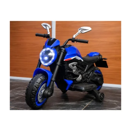 Blue 12V medium kids electric sports motorcycle with LED headlight and support wheels