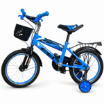 Blue 16 inch kids bicycle with training wheels and front basket