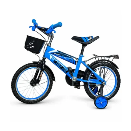 Blue 16 inch kids bicycle with training wheels and front basket