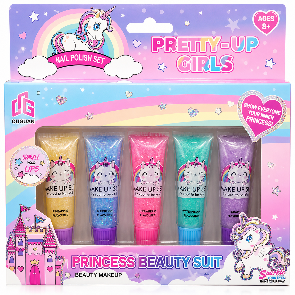 5-Piece Kids Flavoured Lip Gloss Set 5-piece kids flavoured lip gloss set with glitter lip gloss tubes in assorted colours and unicorn-themed gift box available at Totoland Toys Kenya