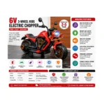 Red 6V three-wheel kids electric chopper motorbike with LED lights music and USB