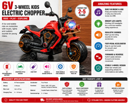 6V 3-Wheel Kids Electric Chopper Motorbike with Music, USB & LED Lights