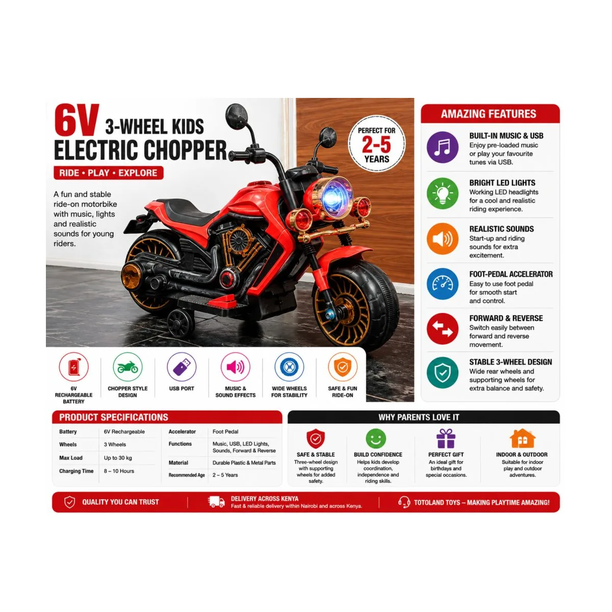 6V 3-Wheel Kids Electric Chopper Motorbike with Music and USB Red 6V three-wheel kids electric chopper motorbike with LED lights music and USB