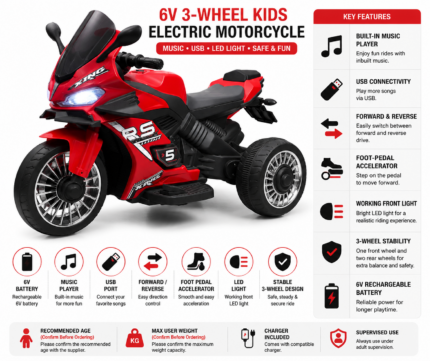 Red 6V three-wheel kids electric ride-on motorcycle with music USB and front light