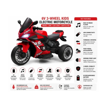 6V 3-Wheel Kids Electric Ride-On Motorcycle with Music & USB