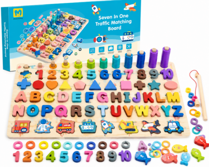 7-in-1 Montessori Wooden Learning Board – Alphabet, Numbers, Shapes, Maths & Matching