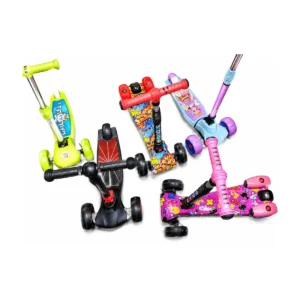Colorful kids’ scooters on white backdrop for Scooters & Skates