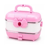 Deluxe kids beauty makeup carry case with portable vanity storage, pretend makeup accessories and pink bow design