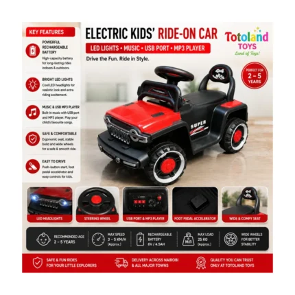 Kids Electric Ride-On Car with LED Lights, Music, USB & MP3 Player