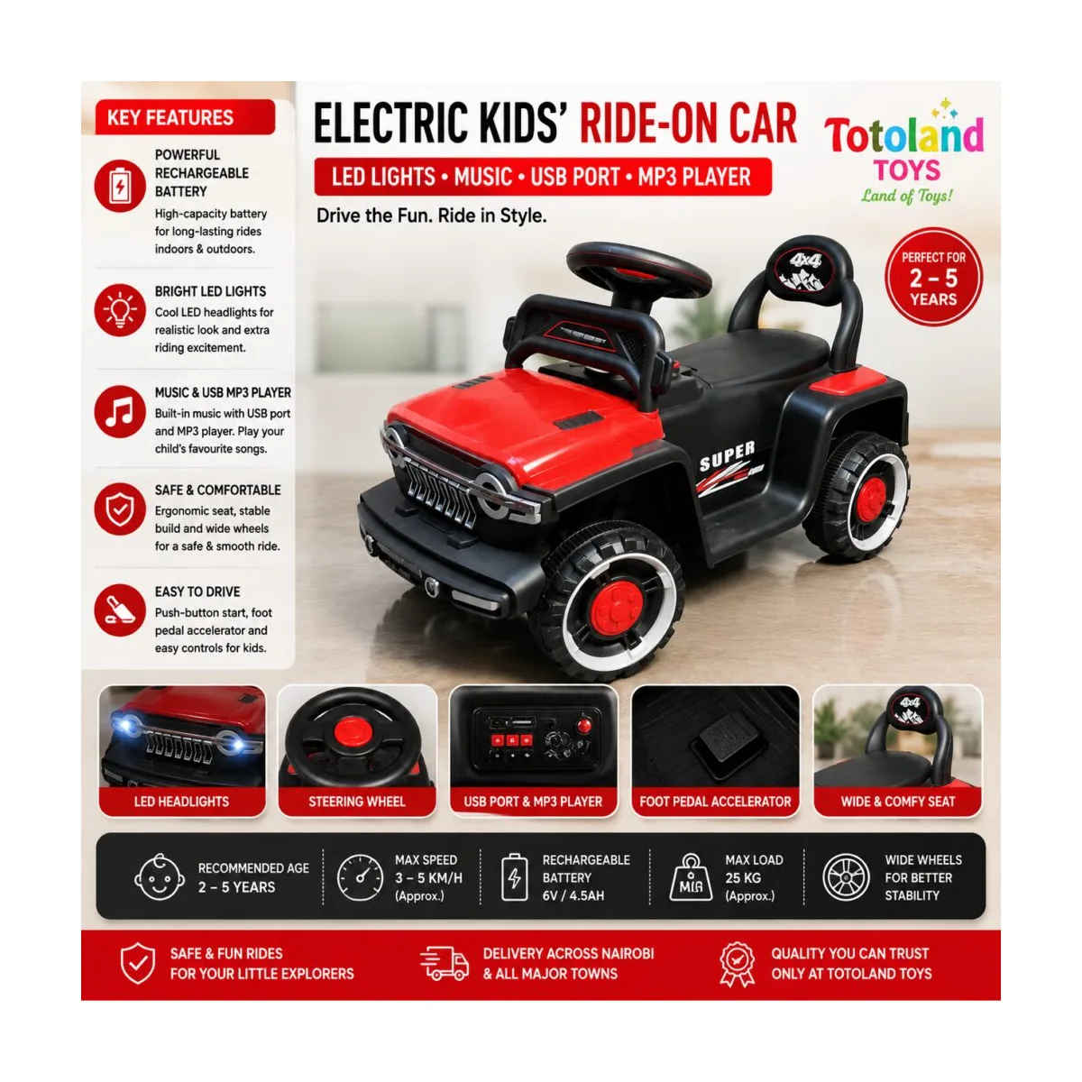 Kids Electric Ride-On Car with LED Lights and Music Red kids electric ride-on car with LED lights music and USB