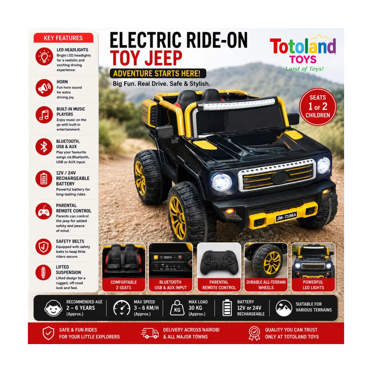 Kids Electric Ride-On Jeep with Remote Control Black kids electric ride-on jeep with parental remote and LED lights