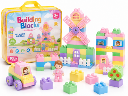 Large Kids Building Blocks Set with Windmill – Pastel Educational Blocks