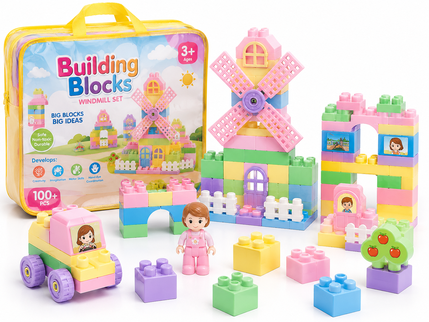 Large Kids Building Blocks Set with Windmill Large building blocks for kids with colourful windmill construction set