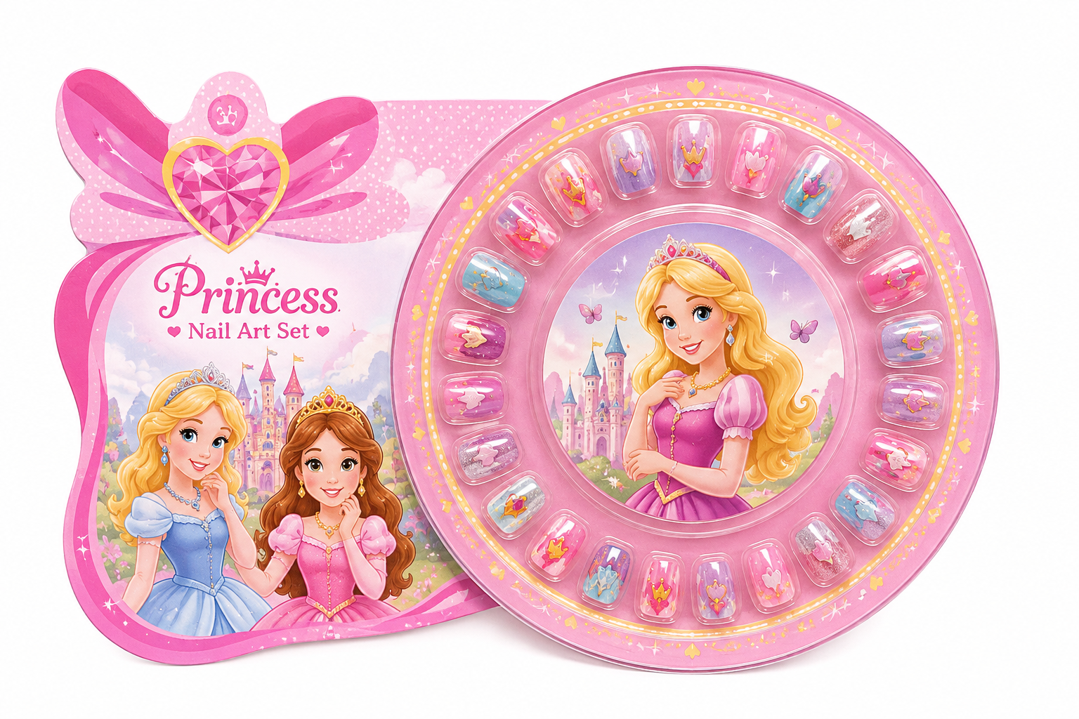 Princess-Themed Kids Press-On Nail Art Set Princess-themed kids press-on nail art set with assorted colourful nail designs, decorative display wheel and beauty accessories available at Totoland Toys Kenya