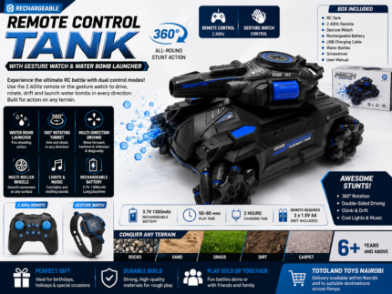 Rechargeable Remote Control Tank with Gesture Watch & Water Bomb Launcher