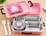 Pink stainless steel 3-compartment kids lunch box with separate covered bowl