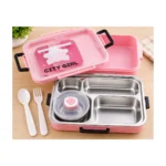 Pink stainless steel 3-compartment kids lunch box with separate covered bowl