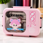Pink stainless steel 3-compartment kids lunch box with separate covered bowl
