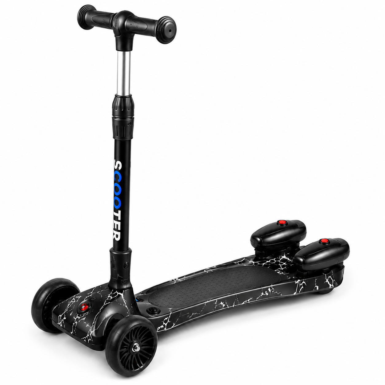 adjustable-3-wheel-mist-spray-scooter-with-led-lights-kids-totoland-toys-kenya Mister kids 3-wheel adjustable scooter in black with adjustable handlebar and wide anti-slip deck available at Totoland Toys Kenya