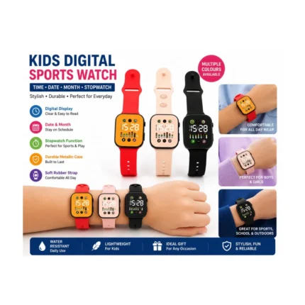 Kids digital sports watch with rubber strap, metallic casing, time, date, month and stopwatch functions