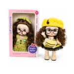 Fashion doll with long curly hair, glasses, clothes and cap