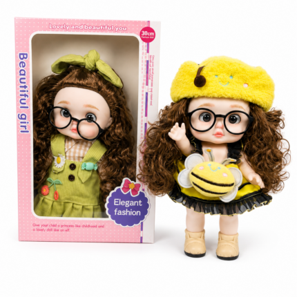 Fashion Doll with Long Curly Hair, Glasses, Clothes & Cap