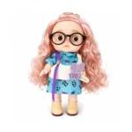 Fashion doll with long pink hair, glasses and blue dress