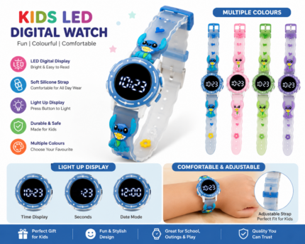 Kids LED Digital Watch with Cartoon Themed Strap & Light Display – Multiple Colours