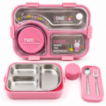 Large stainless steel kids lunch box with 3 compartments, container, spoon and fork