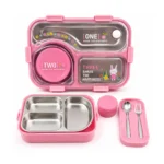 Large stainless steel kids lunch box with 3 compartments, container, spoon and fork