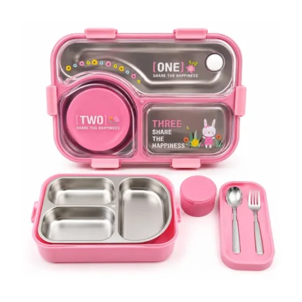 Large 3-Compartment Stainless Steel Kids Lunch Box with Soup Container, Spoon & Fork