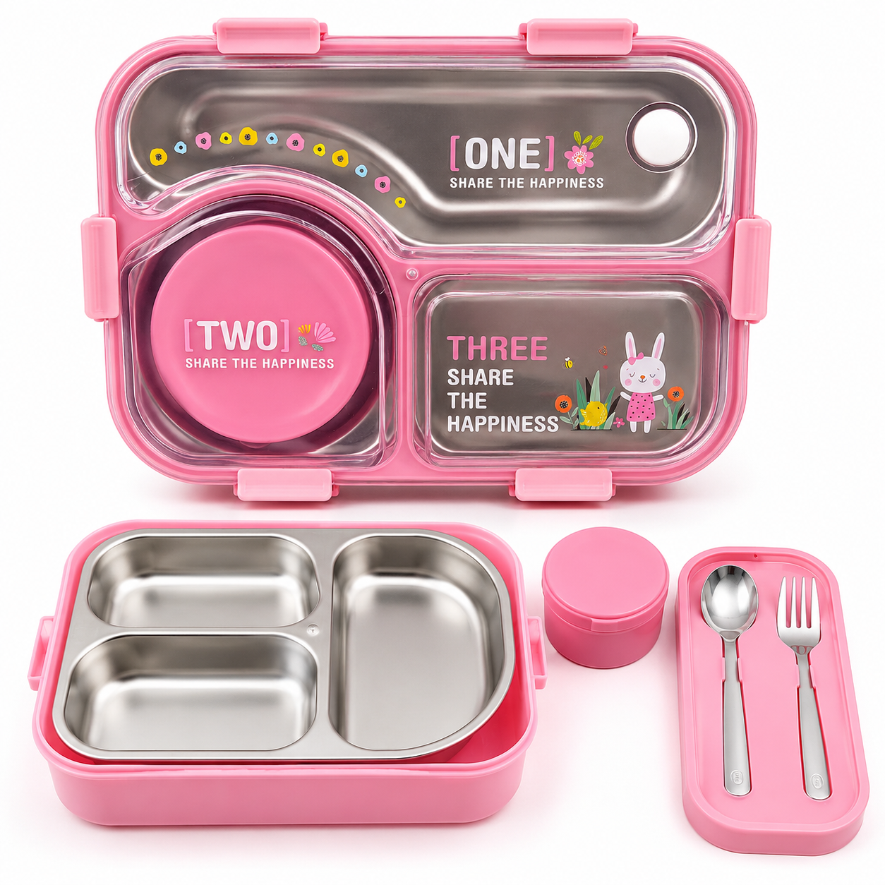 large-stainless-steel-kids-lunch-box-3-compartments Large stainless steel kids lunch box with 3 compartments, container, spoon and fork