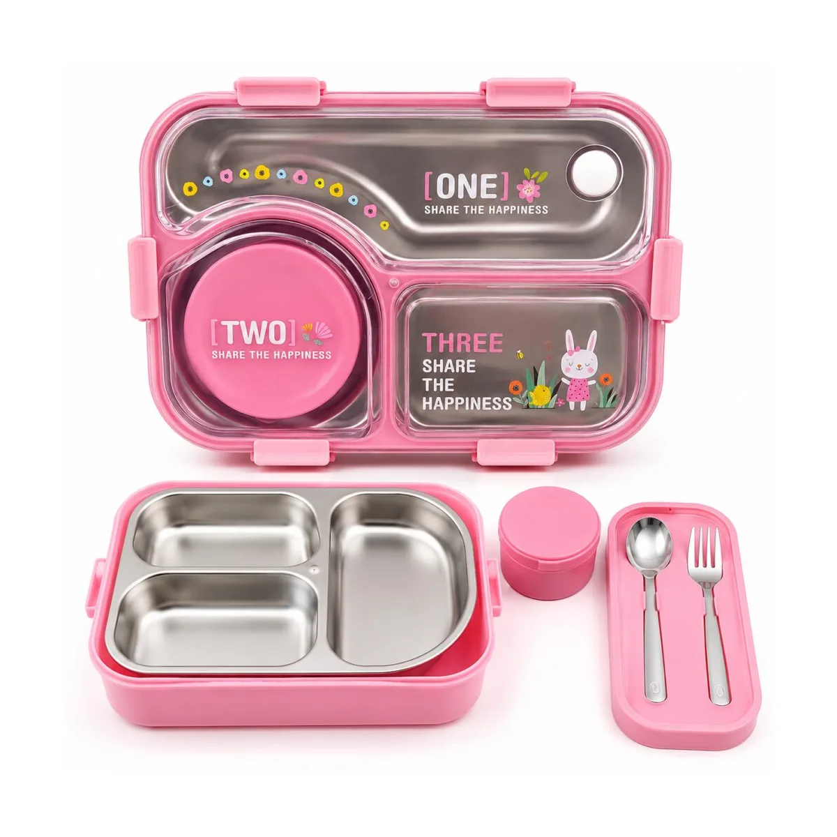 large-stainless-steel-kids-lunch-box-3-compartments Large stainless steel kids lunch box with 3 compartments, container, spoon and fork