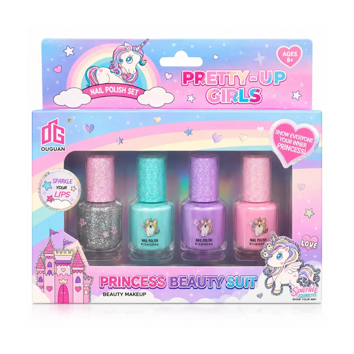 princess-beauty-nail-polish-set-for-kids-totoland-toys-kenya Princess Beauty nail polish set for kids with four colourful glitter nail polishes in a unicorn-themed gift box