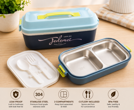 Tedemei 2-Compartment Stainless Steel Lunch Box with Spoon & Fork