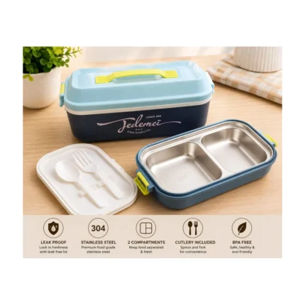 Tedemei 2-Compartment Stainless Steel Lunch Box with Spoon & Fork