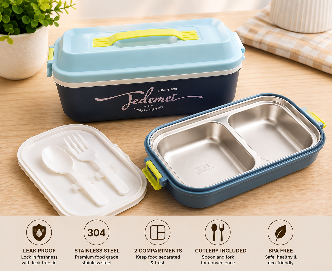 tedemei-2-compartment-stainless-steel-lunch-box Tedemei 2-compartment stainless steel lunch box with spoon and fork