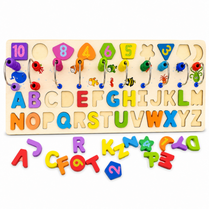 Wooden Alphabet, Numbers, Shapes & Abacus Learning Board | Montessori Educational Toy