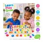 Kids using wooden alphabet numbers shapes and abacus learning board
