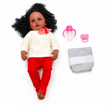 55cm African Baby Doll with Curly Hair, Real Clothes & Accessories