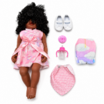 55cm interactive silicone baby doll with curly hair, pink fabric dress, shoes, diaper, pacifier and feeding accessories at Totoland Toys Kenya
