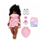 55cm interactive silicone baby doll with curly hair, pink fabric dress, shoes, diaper, pacifier and feeding accessories