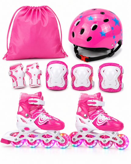 Adjustable Kids Inline Skates Set with LED Wheels & Protective Gear (Size 34–37)