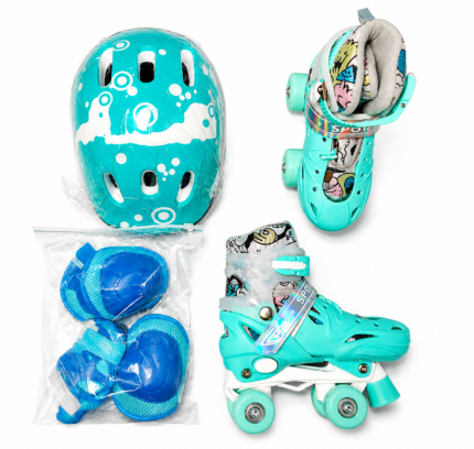 Adjustable trainer inline skates size 30–33 with LED rubber wheels, protective helmet, knee pads, elbow pads and wrist guards for young children available at Totoland Toys Kenya