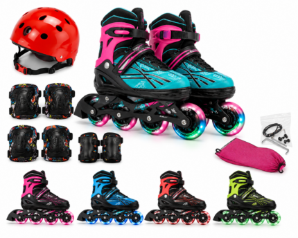 Adult Adjustable Inline Skates Set with LED Wheels & Protective Gear (Size 42–45)