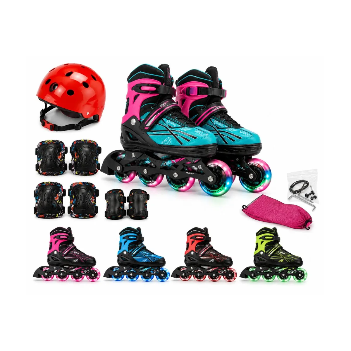Adult Adjustable Inline Skates Set with LED Wheels & Protective Gear Adult adjustable inline skates size 42–45 with four LED rubber wheels, safety helmet, knee pads, elbow pads and wrist guards