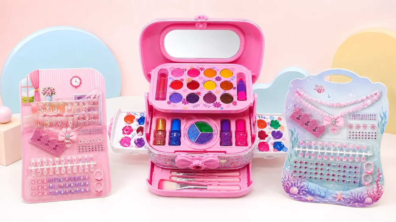 Kids beauty and dress-up toys with makeup, press-on nails and jewellery sets
